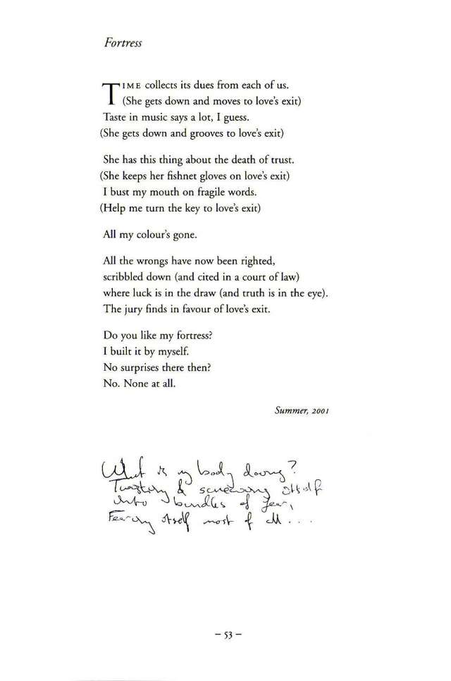 What is my body doing?
Twisting and screwing itself
into bundles of fear,
fearing itself most of all...