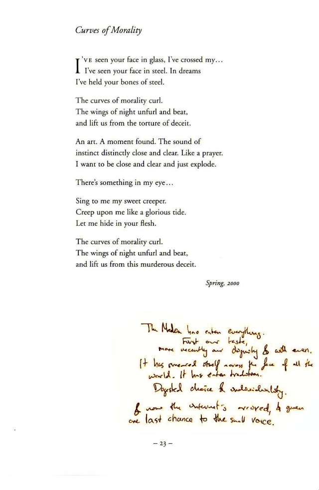 The Media has eaten everything.
            First our taste,
   more recently our dignity & will even.
It has smeared itself across the face of all the 
  world. It has eaten tradition.
   Digested choice & individuality.
& now the internet's arrived, & given 
one last chance to the small voice.