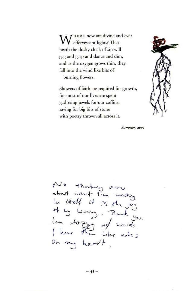 No thinking now
about what I' writing.
In itself it is the joy
of my living. Thank you.
I'm dizzy with words.
I hear them like notes
in my heart.